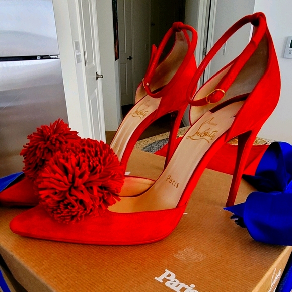Christian Louboutin Red Velvet Pom-pom heels 36.5 - Picture 6 of 7
